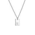 Detailed close-up of polished silver square pendant engraved with letter R on a thin chain - Cross Chain/Letter R / Steel-Cross Chain-R