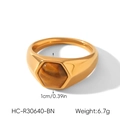 Detail view of a vintage gold-plated stainless steel ring with hexagonal tiger eye stone. - Size 6 / Tiger's Eye Hexagon Style (HC-R30640-BN) / Gold