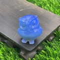 Cute 3.5cm blue cat eye stone owl carving ornament displayed on a wooden base - Blue Opalite
