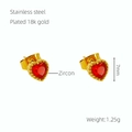 Red heart-shaped zircon earrings in 18k gold plated stainless steel, 7mm size - Red Zirconia