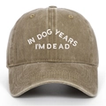 Détail de la broderie blanche 'IN DOG YEARS I'M DEAD' sur la casquette en coton délavé - Taille unique / Kaki