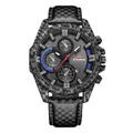 Reloj deportivo VA VA VOOM para hombre con patrón de fibra de carbono y esfera negra - Esfera Azul Correa de Cuero de Cuadros