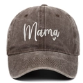 Detail of Mama embroidery and heart on a vintage washed cotton baseball cap in charcoal gray - Coffee