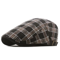 British style black plaid beret with brown grid pattern and metal buckle detail - Adjustable / Black