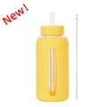 Yellow silicone sleeve 800ml glass water bottle with time markers and straw cleaner - Lemon Yellow