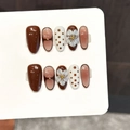 Unghie finte artigianali color caffè caramello e crema con fiori 3D e pois eleganti - Extra Piccolo (XS) / Stile Fiore 3D Marrone Caffè (3435-Ovale Medio)