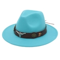 Chapeau fedora turquoise à large bord avec bande en cuir et tête de taureau - Bleu lac