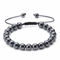 Close-up of adjustable hand-woven bracelet with hematite beads and sliding knot detail - Hematite