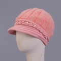 Pink winter knit beanie for women featuring soft rabbit fur and pearl flower details - One Size / Vertical Stripe Pink
