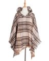Poncho con cappuccio da donna a quadri marroni e beige con nappe decorative e frange - Quadri caffè