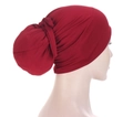 Red solid color chemo headwear turban with stylish back pleats and soft elastic fabric - Burgundy