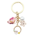 Golden butterfly and pink cherry blossom keychain with white pearl and rhinestone wreath - White Hollow Flower Butterfly (ER727)