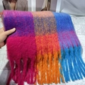 Rainbow plaid mohair tassel scarf featuring vibrant pink and blue patchwork texture - Orange & Blue Rainbow