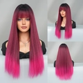 Long straight black to pink gradient wig with bangs and a natural synthetic finish - 68CM / Rose Pink Gradient