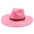 Detail of pink faux suede wide brim jazz hat featuring a braided leather belt and silver buckle - M (56-59cm) / Peach Red (Suede)