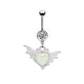 Detail showing surgical steel bat wing belly ring with heart opal and cubic zirconia - Silver Bat Wing White Opal