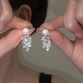 Elegant silver tassel earrings featuring round pearls and marquise-cut rhinestones - Silver Pearl Cluster Rhinestone Earring Post (A2149)