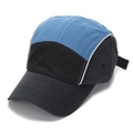 Close-up of a 5-panel color-block baseball cap featuring navy, sky blue, and black panels - Sky Blue and Black (Style A)
