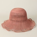 Detail of dusty rose raffia sun hat showing intricate woven texture and wavy brim edges - M(56-58cm) / Pink