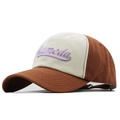 Detail of Alameda purple embroidery on vintage brown and beige patchwork baseball cap - Adjustable / Caramel color