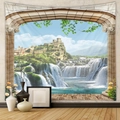Detailed close-up of a wall tapestry featuring a majestic castle, waterfall, and archway - European Classical Archway (GT109955)