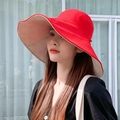 Red large brim sun hat for women featuring a double-sided design for sun protection - One Size / Red/Beige (With Rope)