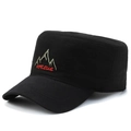 Men's black flat top army cap with mountain embroidery and red KILUE logo detail - Mountain Style / Black