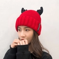 Winter red knitted hat with cute black reindeer antlers and Christmas label - 05101-Black Antler Style / Red