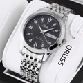 Men's business quartz watch with silver steel strap and black dial featuring day-date display - Silver Band Black Dial