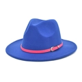 Detail view of the bright blue wool fedora featuring a pink leather belt and metal buckle - M(56-58cm) / Sapphire Blue