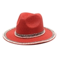 Chapeau Fedora rouge en paille à large bord avec perles blanches et strass gris foncé - M(56-58cm) / Rouge
