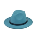 Detail of light blue wool fedora hat featuring a chunky black decorative chain wrap - Orange with White Chain