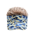 Detailed view of camouflage visor with realistic light brown synthetic hair on top - Brown Wig Blue Camo