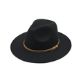 Detail of black wool felt fedora featuring a slim brown leather buckle hatband decor - M(56-58cm) / Black