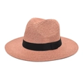 Detail of woven pink Panama hat featuring a classic black grosgrain ribbon trim - Dusty Pink