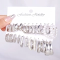 Silver-tone earring set with pearls and geometric hoops on a display card - Silver Pearl Geometric Collection Style (5811802HB)