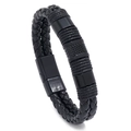 Men's multi-layer braided black leather bracelet with magnetic buckle and metal rings - Black