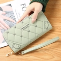 Long zip-around wallet for women in light green faux leather with bear embroidery - Light Green