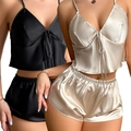 Damen Satin Homewear Set mit Haltertop und Shorts in Schwarz und Champagnergold - S / Champagner und Schwarz 2-Teiler Set