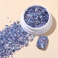 Irriterende paarse nagelglittervlokken in een witte pot met nagelkunst voorbeelden - Koreaanse grote pailletten #03