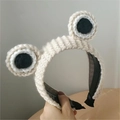 Beige knitted frog eye headband for girls cute animal hair accessory for face washing - White Knitted Frog / White