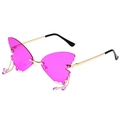 Frameless butterfly sunglasses with rose pink lenses and purple droplet pendants - Gold Frame Purple Red