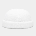 Detail of white sherpa teddy fleece docker hat showing thick plush texture and rolled brim - Adjustable / White
