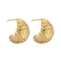 Close-up of golden C-shaped hoop earrings with handcrafted hammered metal texture surface - Hammered Half Circle C Shaped Hoop (CE00224YS)