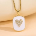 Golden heart necklace with sparkling rhinestones on a white square enamel pendant - NE40 Box Chain / Gold