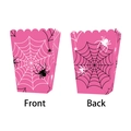 Pink spider web themed popcorn boxes for Halloween party decoration, front and back views - Popcorn Boxes 6PCS