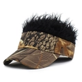 Detail of camouflage sun visor with black synthetic hair wig and durable fabric stitching - Leaf Camo and Black