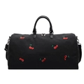 Grand sac de voyage en toile noire avec broderie cerise vintage et poignées en cuir PU - Noir