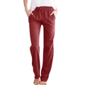 Detail of burgundy linen pants featuring adjustable drawstring waist and relaxed straight cut - S / Burgundy