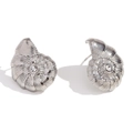 Fashionable silver nautilus shell stud earrings with a sparkling central crystal inlay - Steel